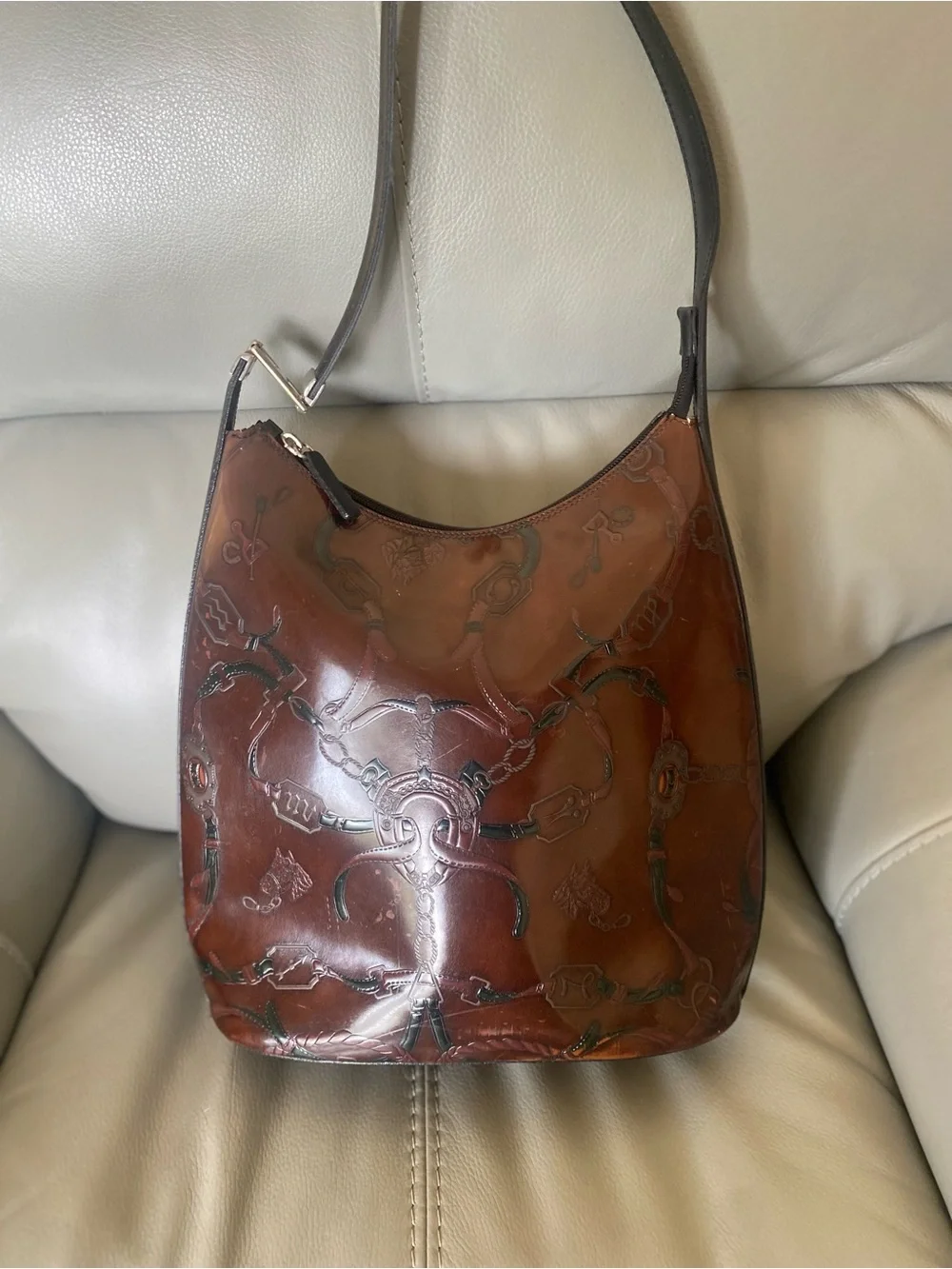 Vintage Italian Embossed Leather Equestrian Hobo Shoulder Bag Brown